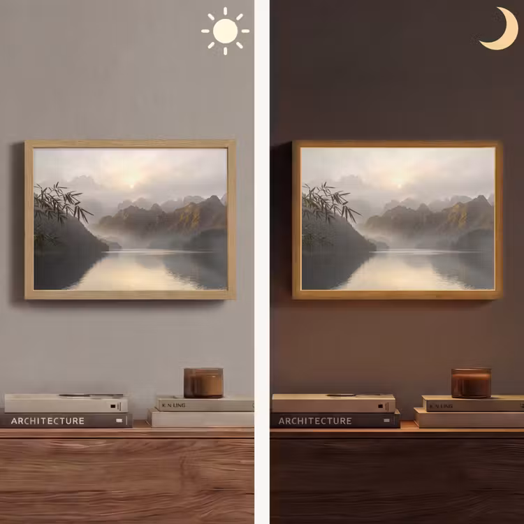 Bergen - Water - Mist - Natuur - Landschap Light Box met batterij (Wandlamp) middel -sfeer3