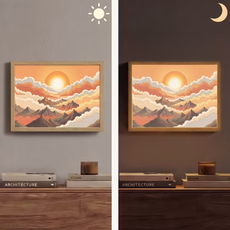 Bergen - Wolken - Natuur - Zonsopgang - Oranje Light Box met batterij (Wandlamp) middel -sfeer3