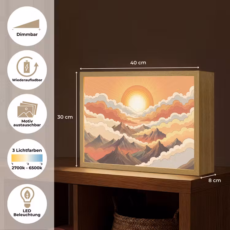 Bergen - Wolken - Natuur - Zonsopgang - Oranje Light Box met batterij (Wandlamp) middel -USP_websiteoverzichtDE