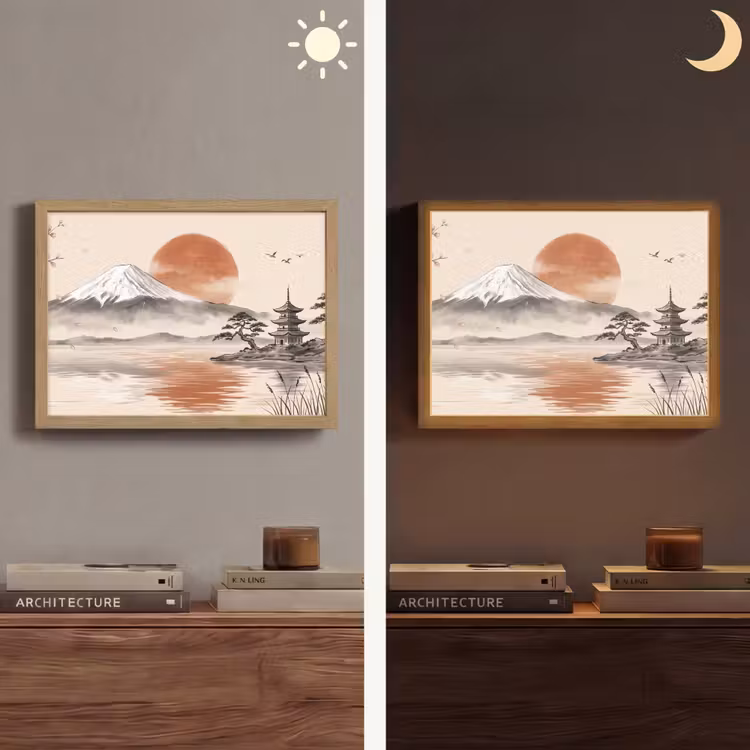 Bergtop - Meer - Bloesem Light Box met batterij (Wandlamp) middel -sfeer3