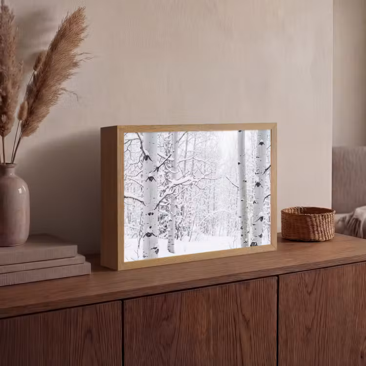 Berkenbomen - Sneeuw - Winter - Bos - Wit Light Box met batterij (Wandlamp) middel -sfeer2