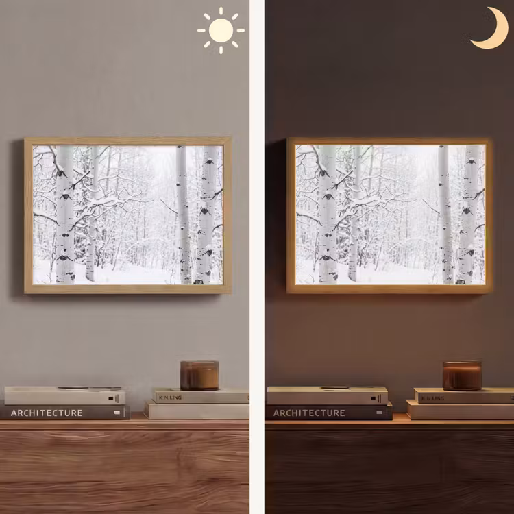 Berkenbomen - Sneeuw - Winter - Bos - Wit Light Box met batterij (Wandlamp) middel -sfeer3