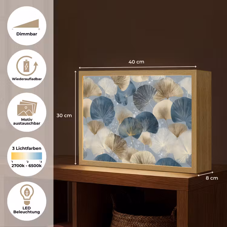 Bladeren - Abstract - Goud - Blauw Light Box met batterij (Wandlamp) middel -USP_websiteoverzichtDE