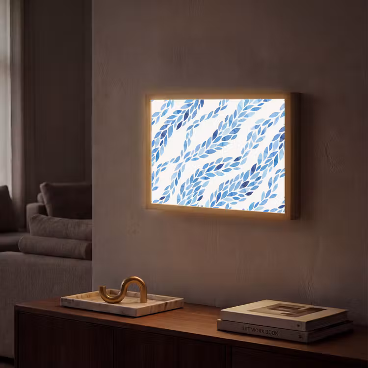 Bladeren - Aquarel - Patroon - Modern - Blauw Light Box met batterij (Wandlamp) middel -sfeer1