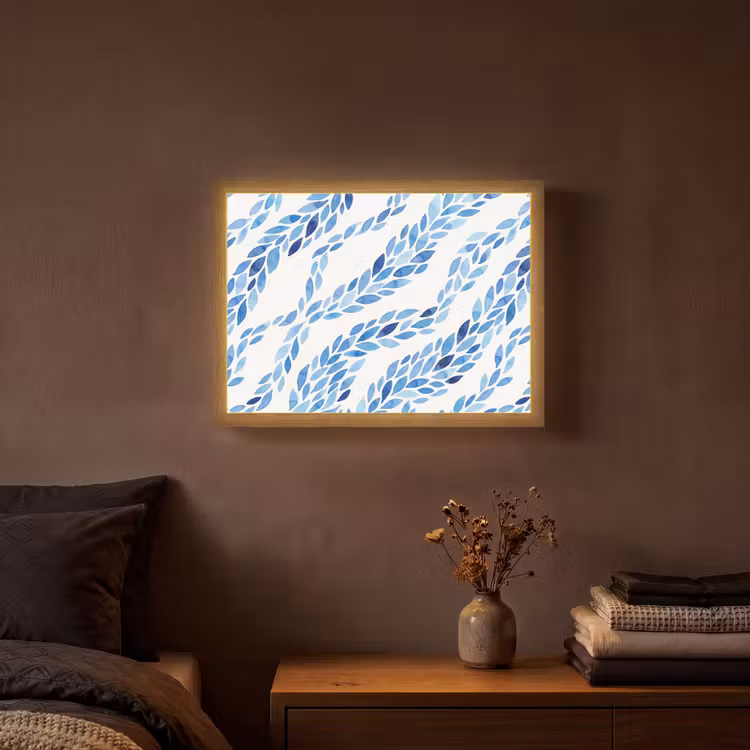 Bladeren - Aquarel - Patroon - Modern - Blauw Light Box met batterij (Wandlamp) middel -sfeer4