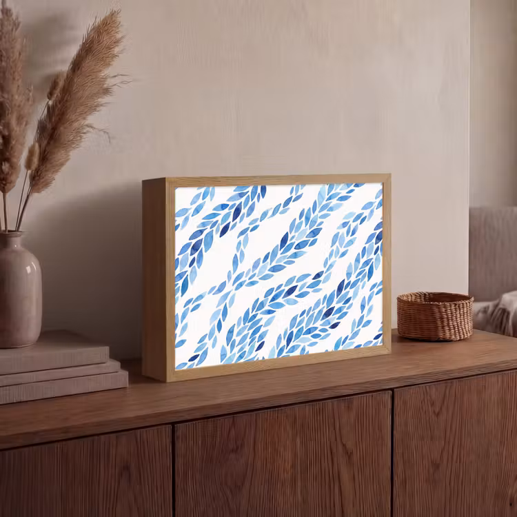 Bladeren - Aquarel - Patroon - Modern - Blauw Light Box met batterij (Wandlamp) middel -sfeer2