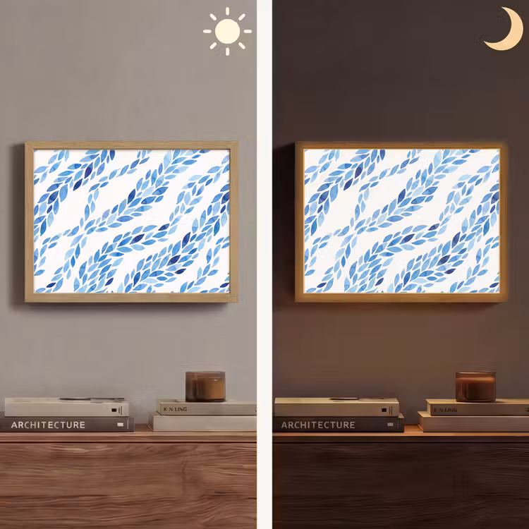 Bladeren - Aquarel - Patroon - Modern - Blauw Light Box met batterij (Wandlamp) middel -sfeer3