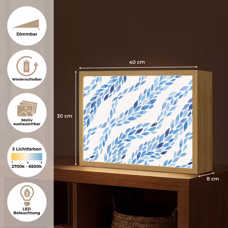 Bladeren - Aquarel - Patroon - Modern - Blauw Light Box met batterij (Wandlamp) middel -USP_websiteoverzichtDE