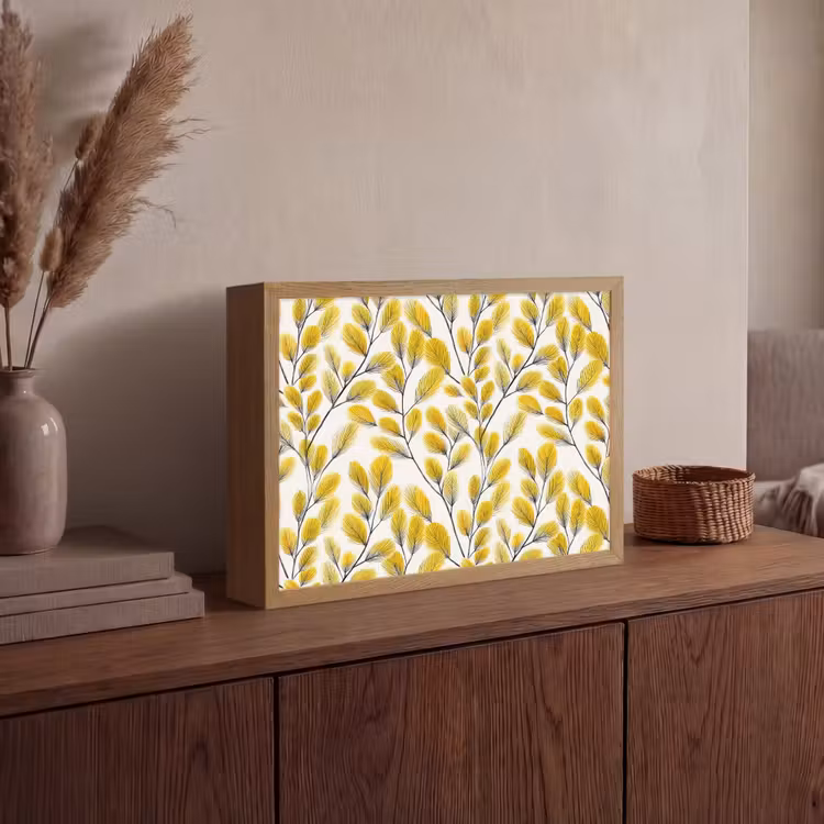 Bladeren - Botanisch - Elegant - Geel - Zwart Light Box met batterij (Wandlamp) middel 907 -sfeer2
