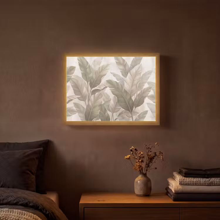 Bladeren - Tropisch - Natuur - Abstract - Beige Light Box met batterij (Wandlamp) middel -sfeer4