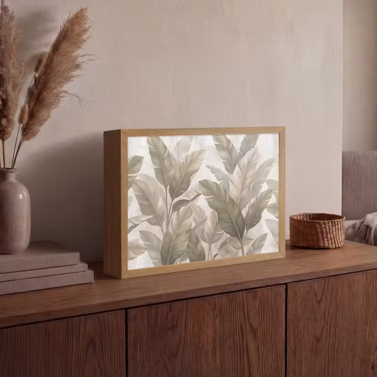 Bladeren - Tropisch - Natuur - Abstract - Beige Light Box met batterij (Wandlamp) middel -sfeer2