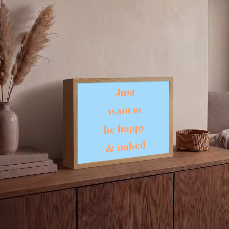 Blauw - Oranje - Just want to be happy & naked Light Box met batterij (Wandlamp) middel -sfeer2
