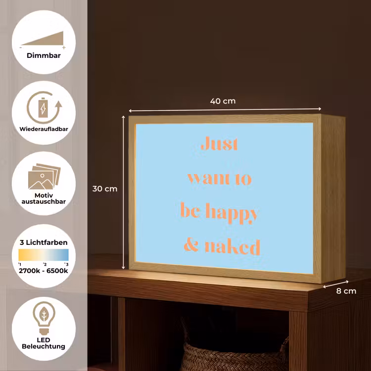 Blauw - Oranje - Just want to be happy & naked Light Box met batterij (Wandlamp) middel -USP_websiteoverzichtDE