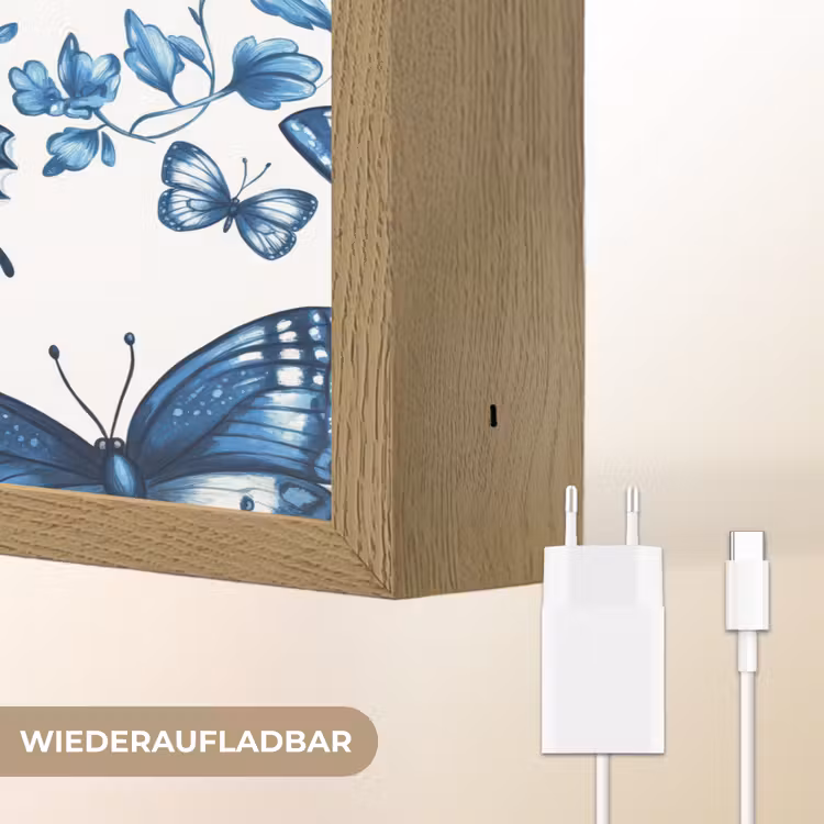 Blauw - Vlinders - Bloemen - Wit Light Box met batterij (Wandlamp) middel 907 -USP_websiteoplaadbaarDE