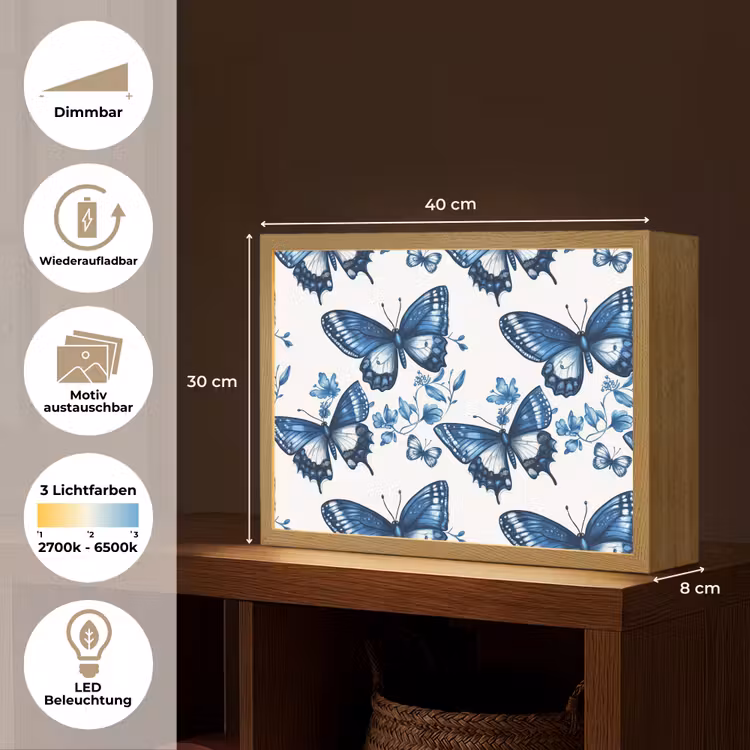 Blauw - Vlinders - Bloemen - Wit Light Box met batterij (Wandlamp) middel 907 -USP_websiteoverzichtDE