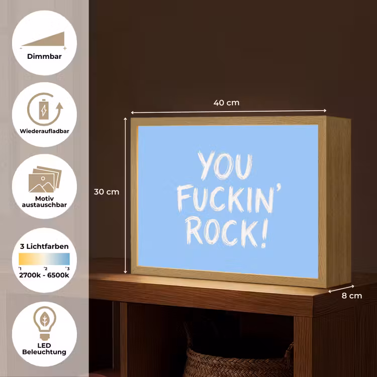 Blauw - Wit - You fuckin rock Light Box met batterij (Wandlamp) middel -USP_websiteoverzichtDE