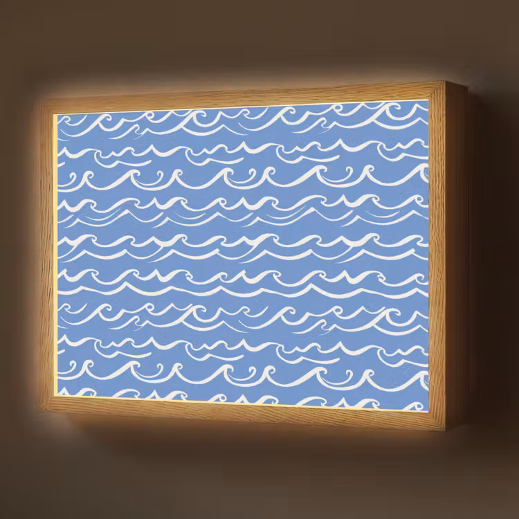 Blauw - Wit - Simpel - Getekend - Golven Light Box met batterij (Wandlamp) middel 907 -z3d_website