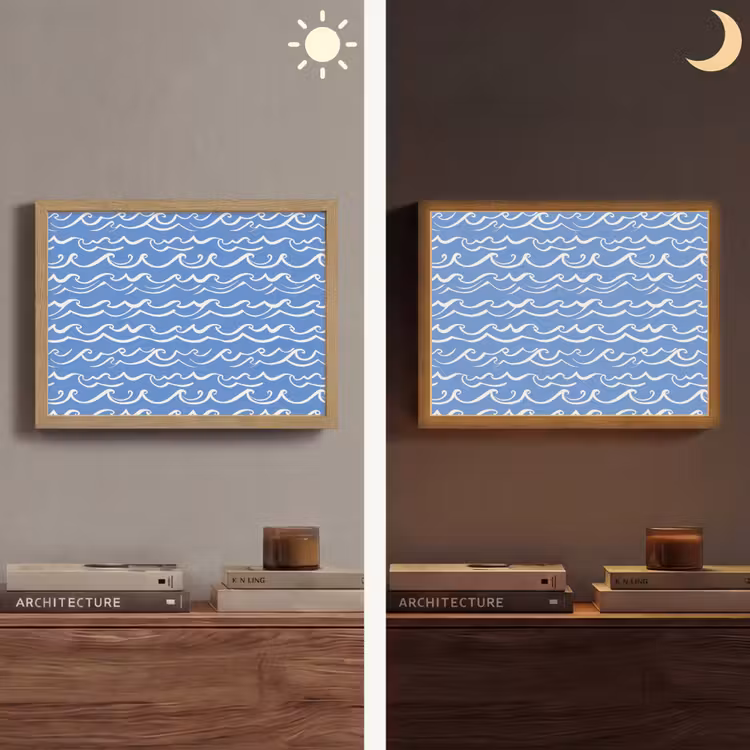 Blauw - Wit - Simpel - Getekend - Golven Light Box met batterij (Wandlamp) middel 907 -sfeer3