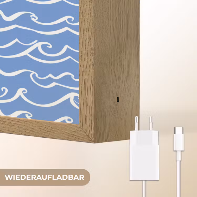 Blauw - Wit - Simpel - Getekend - Golven Light Box met batterij (Wandlamp) middel 907 -USP_websiteoplaadbaarDE