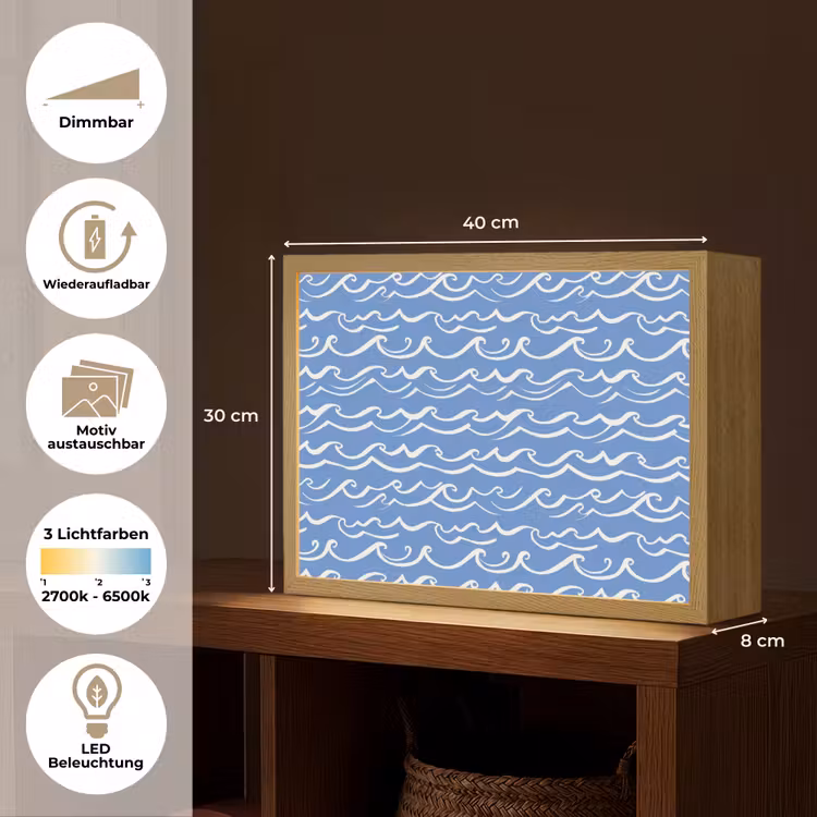 Blauw - Wit - Simpel - Getekend - Golven Light Box met batterij (Wandlamp) middel 907 -USP_websiteoverzichtDE