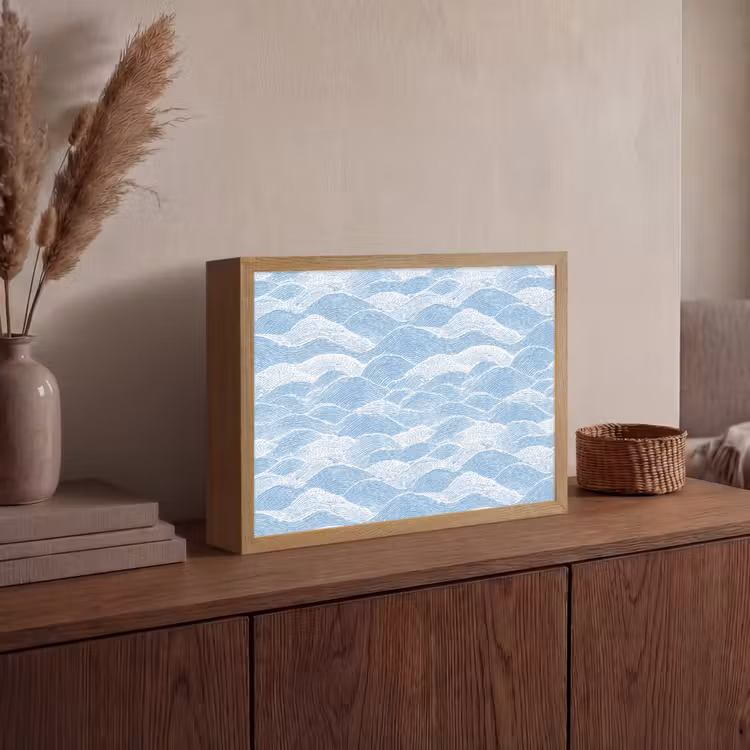 Blauw - Wit - Golven - Getekend Light Box met batterij (Wandlamp) middel 907 -sfeer2