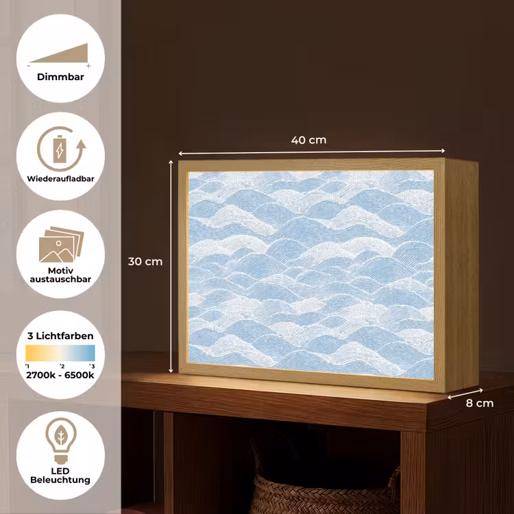 Blauw - Wit - Golven - Getekend Light Box met batterij (Wandlamp) middel 907 -USP_websiteoverzichtDE