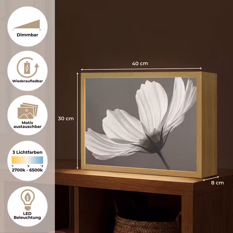 Bloem - Minimalistisch - Zwart - Wit Light Box met batterij (Wandlamp) middel -USP_websiteoverzichtDE