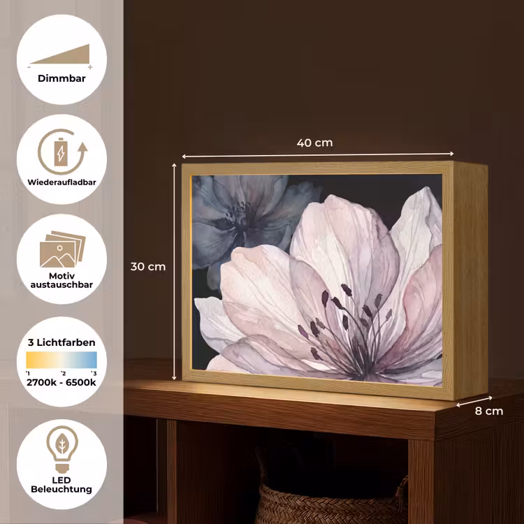 Bloemen - Aquarel - Modern - Roze - Donker Light Box met batterij (Wandlamp) middel -USP_websiteoverzichtDE