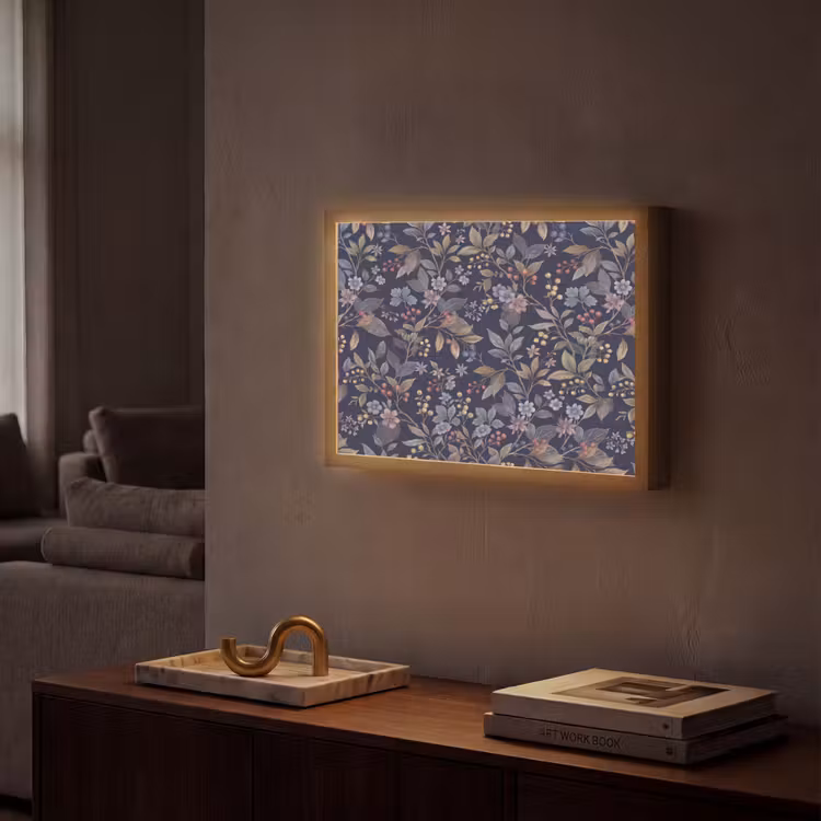 Bloemen - Bladeren - Patroon - Botanisch - Donkerblauw Light Box met batterij (Wandlamp) middel -sfeer1