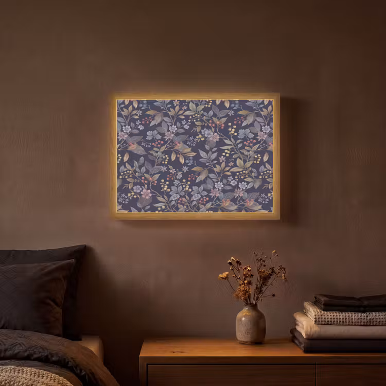 Bloemen - Bladeren - Patroon - Botanisch - Donkerblauw Light Box met batterij (Wandlamp) middel -sfeer4