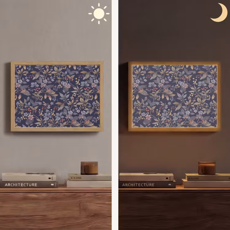 Bloemen - Bladeren - Patroon - Botanisch - Donkerblauw Light Box met batterij (Wandlamp) middel -sfeer3