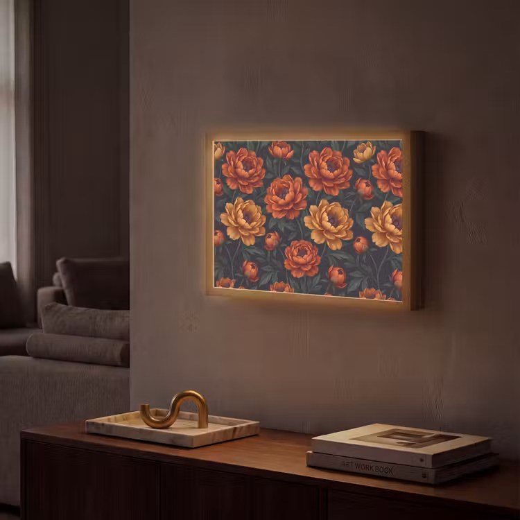 Bloemen - Bladeren - Natuur - Modern - Oranje Light Box met batterij (Wandlamp) middel -sfeer1