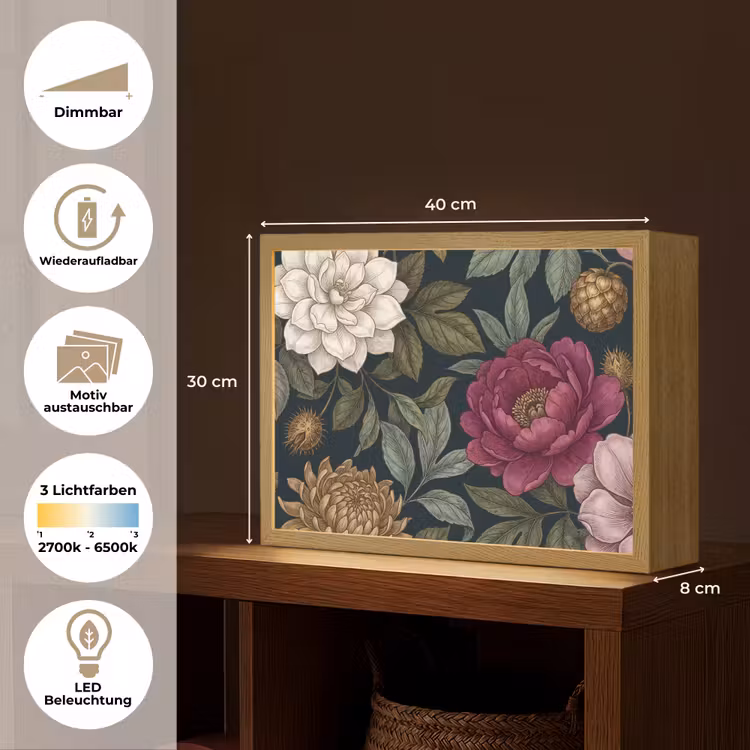 Bloemen - Botanisch - Illustratie - Donker - Vintage Light Box met batterij (Wandlamp) middel -USP_websiteoverzichtDE