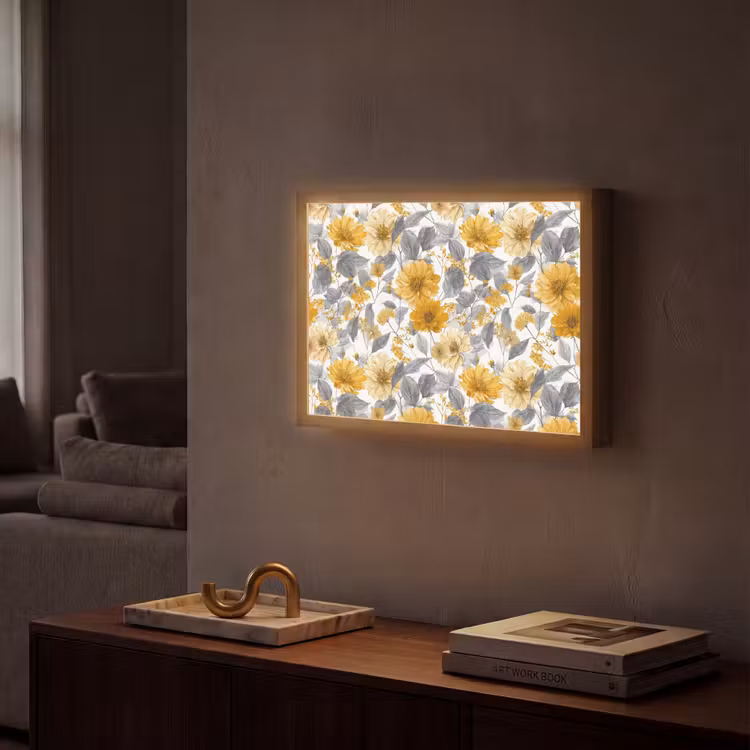Bloemen - Botanisch - Elegant - Okergeel - Grijs Light Box met batterij (Wandlamp) middel 907 -sfeer1
