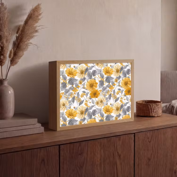 Bloemen - Botanisch - Elegant - Okergeel - Grijs Light Box met batterij (Wandlamp) middel 907 -sfeer2