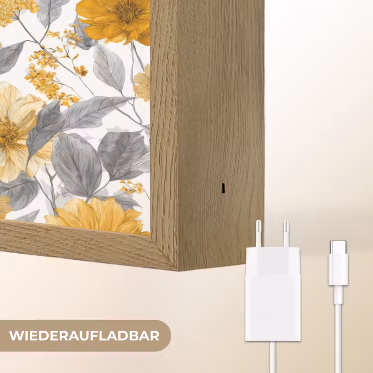 Bloemen - Botanisch - Elegant - Okergeel - Grijs Light Box met batterij (Wandlamp) middel 907 -USP_websiteoplaadbaarDE