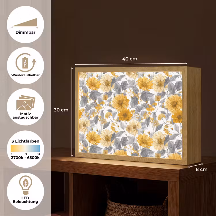 Bloemen - Botanisch - Elegant - Okergeel - Grijs Light Box met batterij (Wandlamp) middel 907 -USP_websiteoverzichtDE