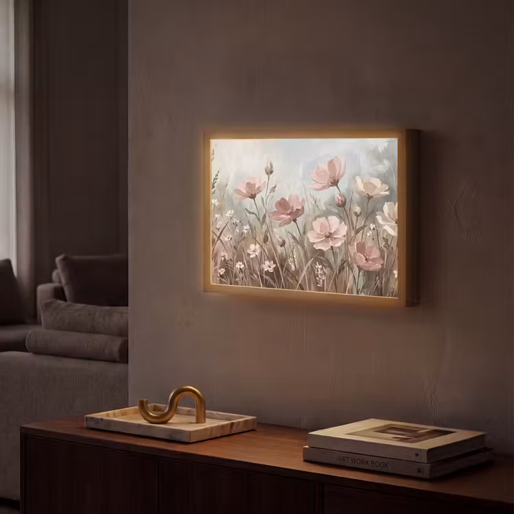 Bloemen - Botanisch - Schilderij - Pastel - Rustiek Light Box met batterij (Wandlamp) middel -sfeer1