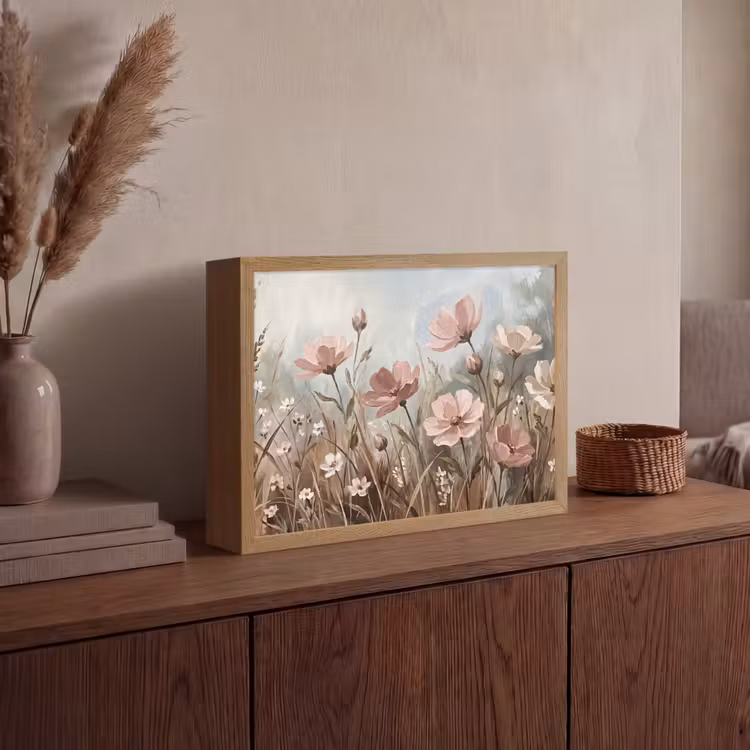 Bloemen - Botanisch - Schilderij - Pastel - Rustiek Light Box met batterij (Wandlamp) middel -sfeer2