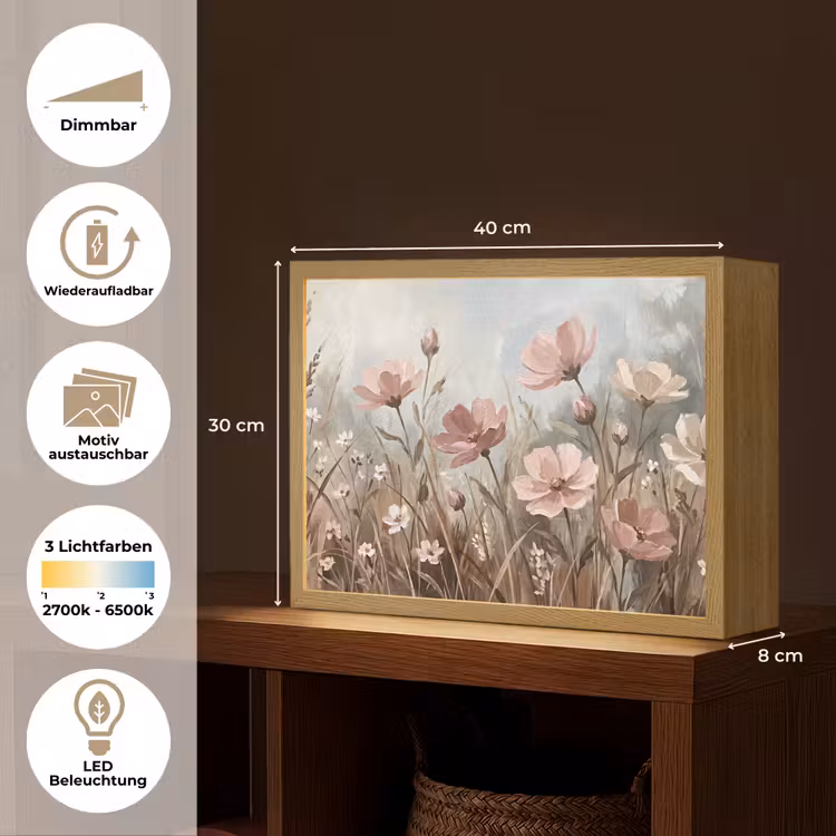 Bloemen - Botanisch - Schilderij - Pastel - Rustiek Light Box met batterij (Wandlamp) middel -USP_websiteoverzichtDE