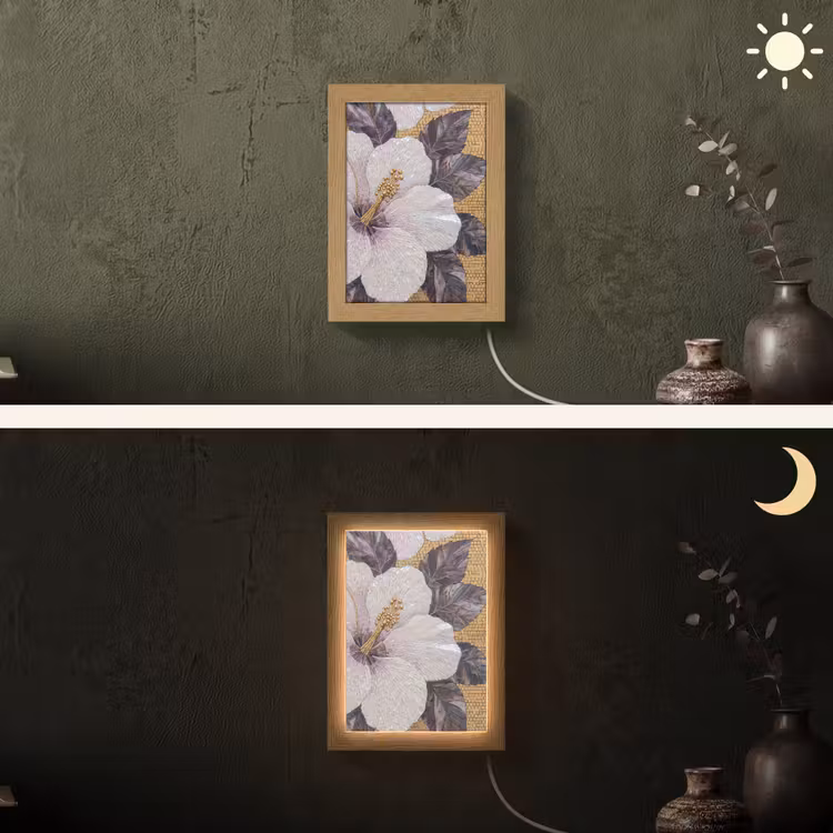 Bloemen - Mozaïek - Kunst - Modern - Goud Light Box met kabel (Wandlamp) klein -sfeer3