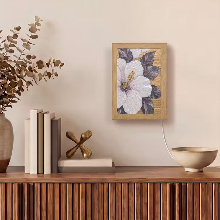 Bloemen - Mozaïek - Kunst - Modern - Goud Light Box met kabel (Wandlamp) klein -sfeer2