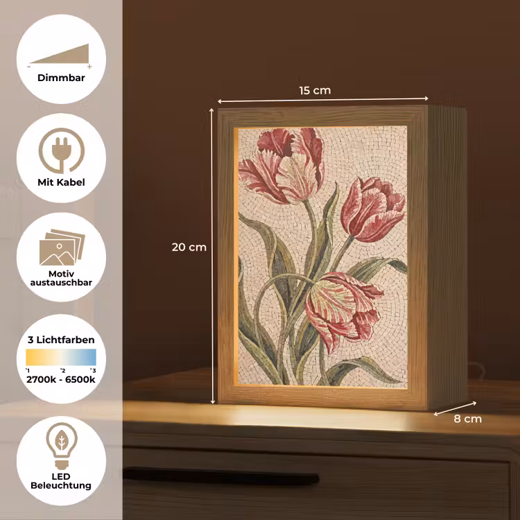 Bloemen - Mozaïek - Rood - Groen - Kunst Light Box met kabel (Wandlamp) klein -USP_websiteoverzichtDE