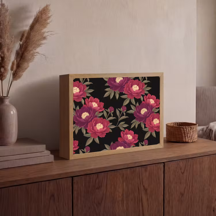 Bloemen - Patroon - Botanisch - Rood - Zwart Light Box met batterij (Wandlamp) middel -sfeer2