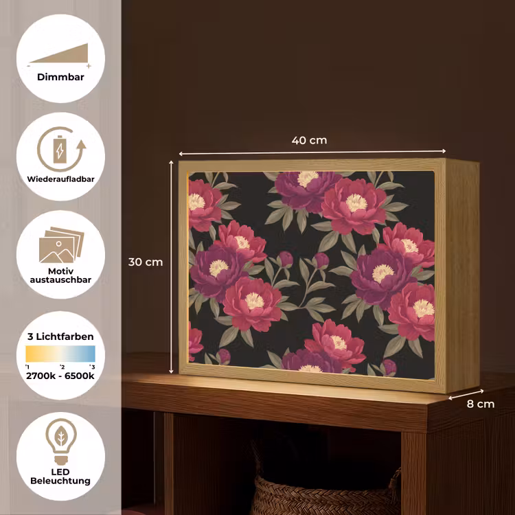Bloemen - Patroon - Botanisch - Rood - Zwart Light Box met batterij (Wandlamp) middel -USP_websiteoverzichtDE