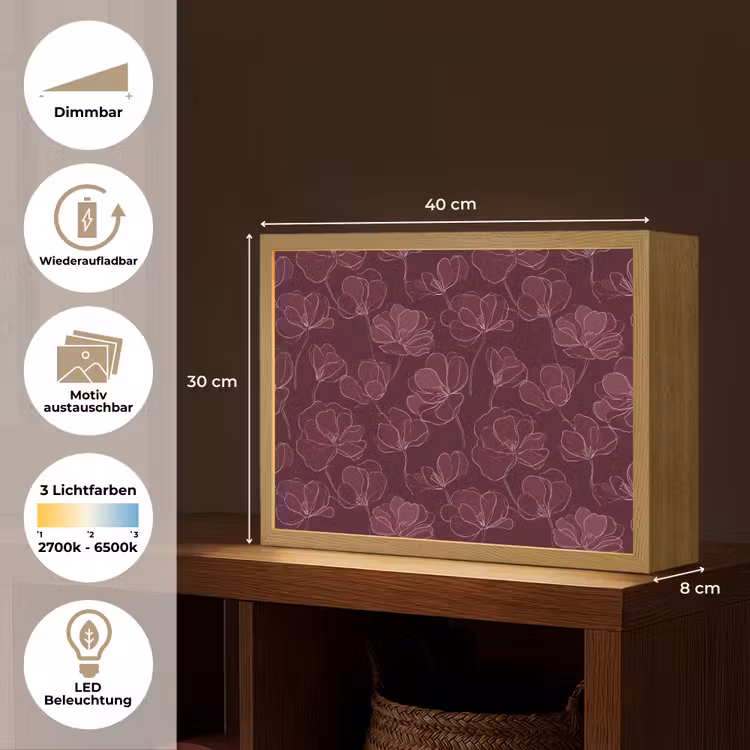 Bloemen - Patroon - Bordeauxrood Light Box met batterij (Wandlamp) middel 907 -USP_websiteoverzichtDE
