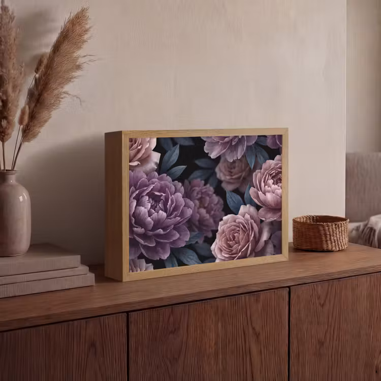 Bloemen - Patroon - Donker - Botanisch - Paars Light Box met batterij (Wandlamp) middel -sfeer2