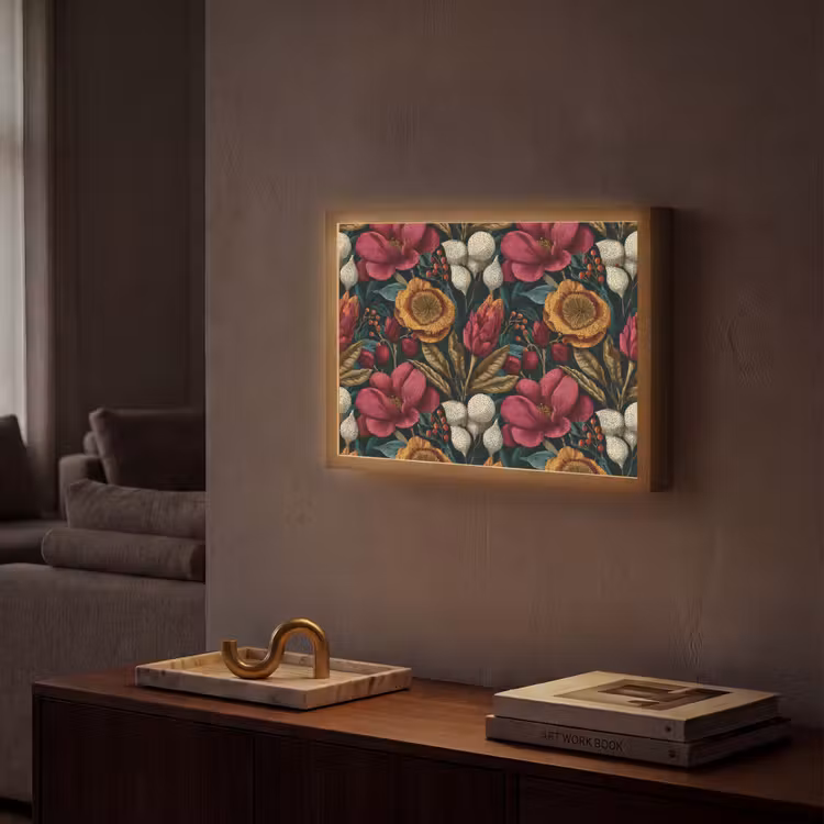 Bloemen - Patroon - Rood - Goud Light Box met batterij (Wandlamp) middel 907 -sfeer1