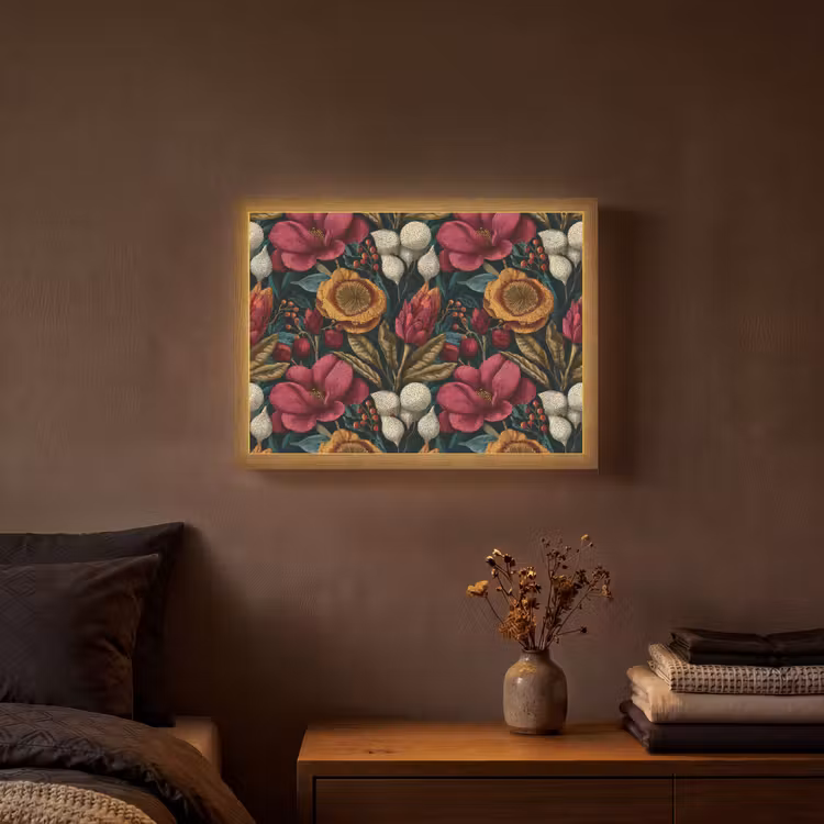 Bloemen - Patroon - Rood - Goud Light Box met batterij (Wandlamp) middel 907 -sfeer4