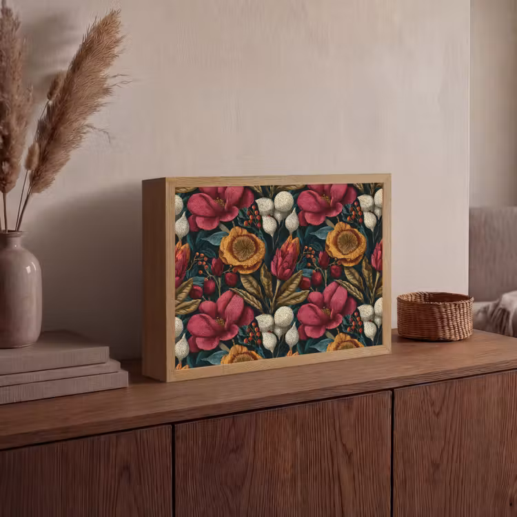 Bloemen - Patroon - Rood - Goud Light Box met batterij (Wandlamp) middel 907 -sfeer2